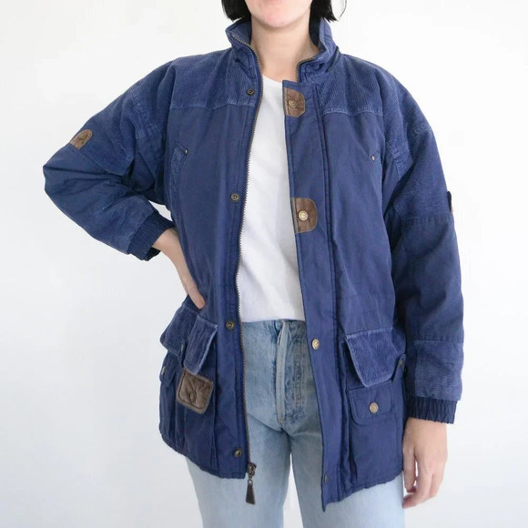 Vintage Climate  Control Navy w Corduroy Patches Winter Jacket L (14) - Picture 1 of 14